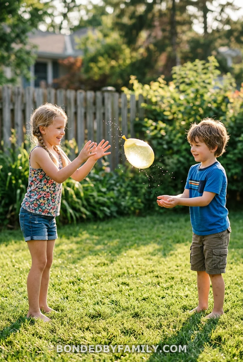 Two kids tossing a water balloon back and forth