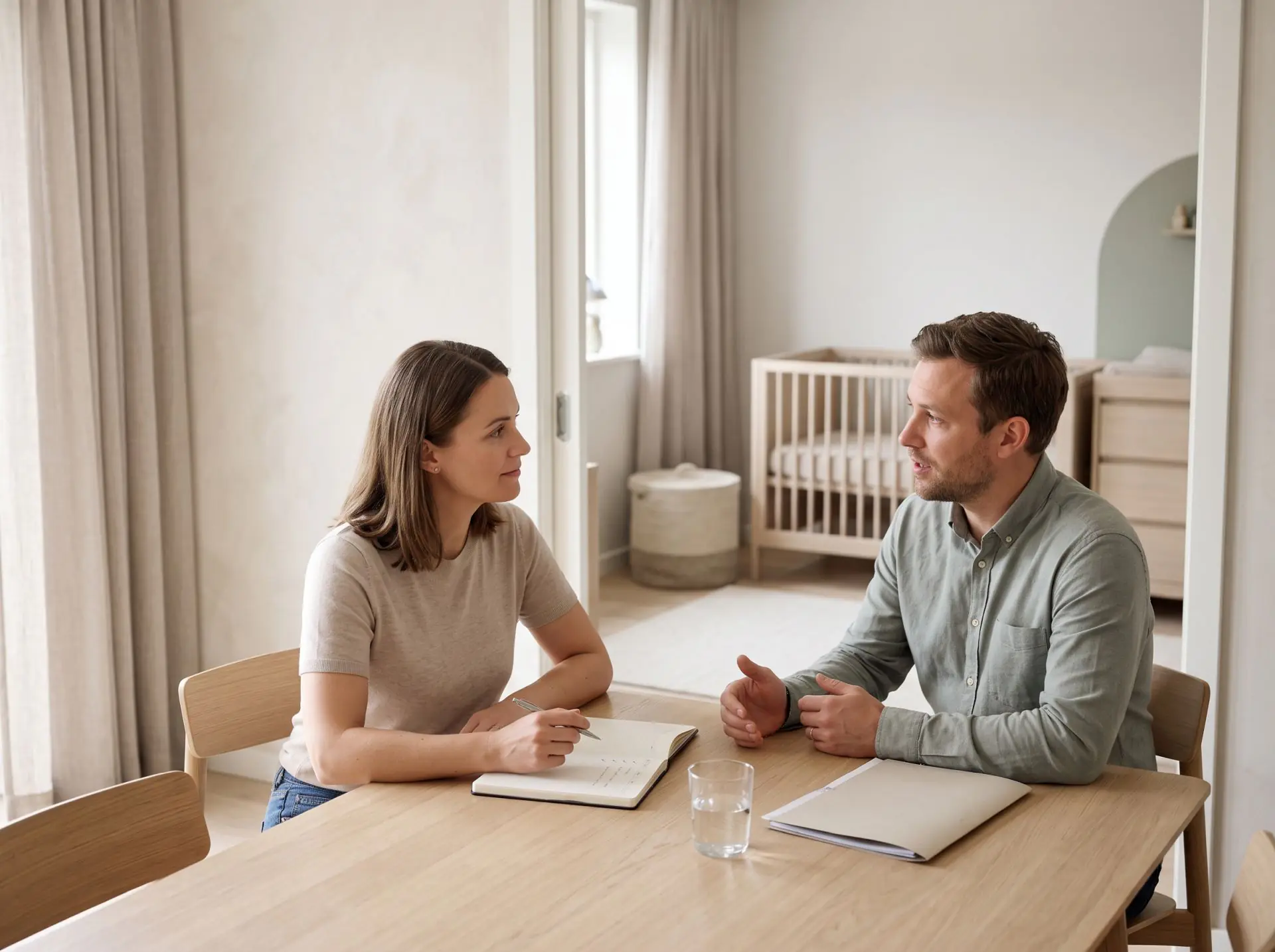 Two parents reading parenting books together at a kitchen table