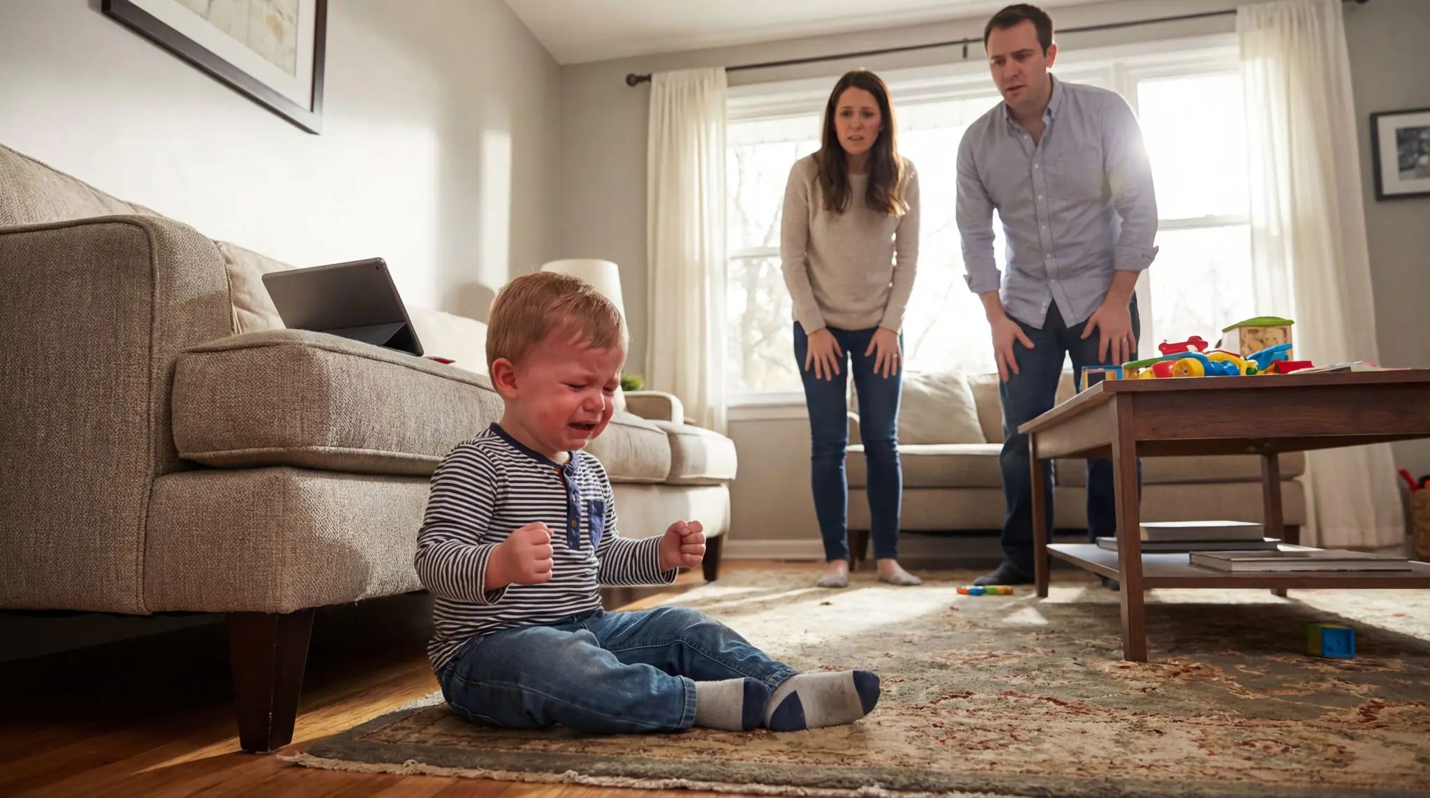 Young child crying and having meltdown after parent removes tablet or smartphone