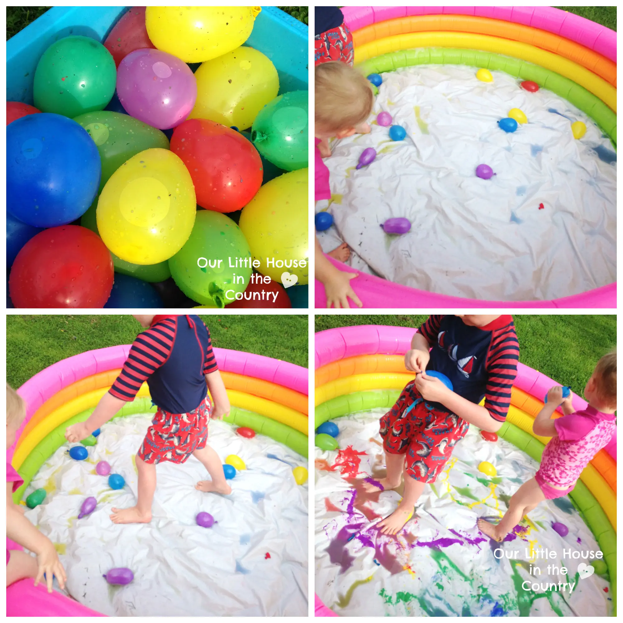 Child using toes to fish toys out of kiddie pool