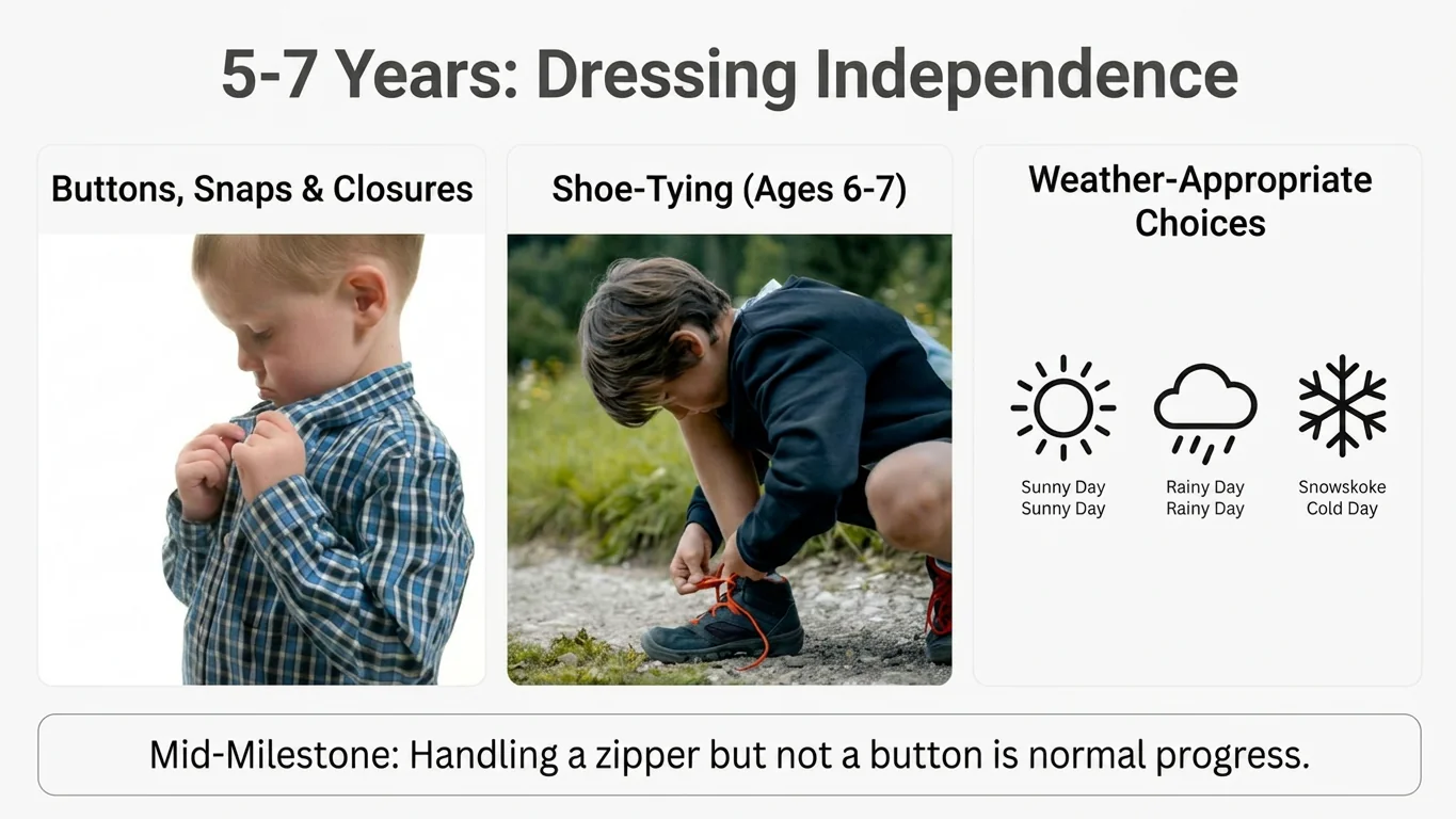 Child tying their own shoes, final dressing milestone at age 6 to 7
