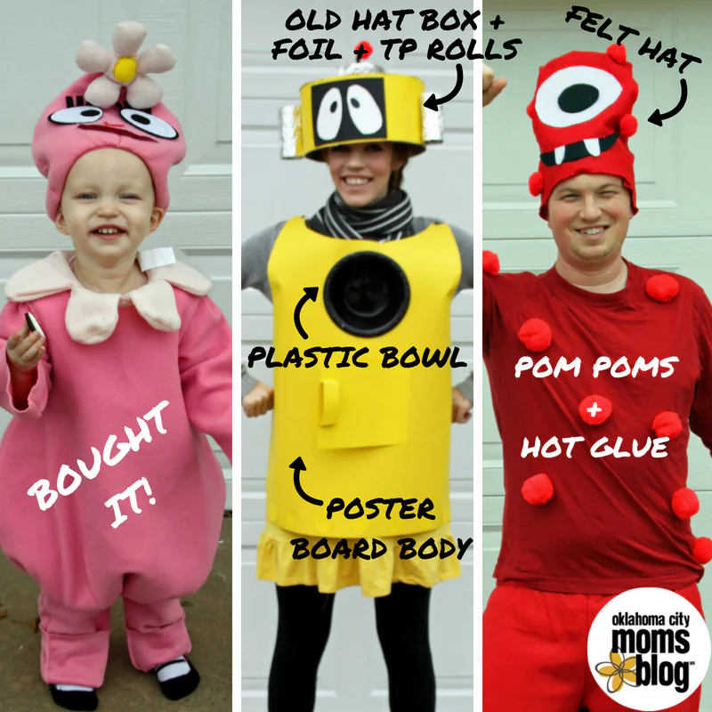 Mom and dad deciding between DIY and store-bought Halloween costumes for baby