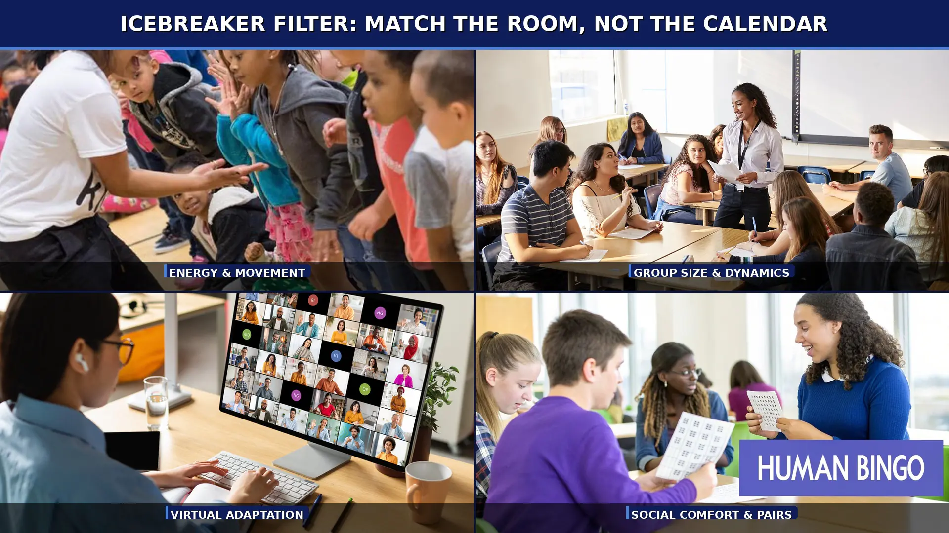 Teacher deciding between a movement-based icebreaker game and a quiet paired activity for a new classroom